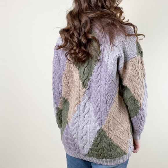 Rare Vintage Handmade Cable Knit Wool Oversized Sweater Chunky Slouchy Mock Crew - Picture 2 of 8